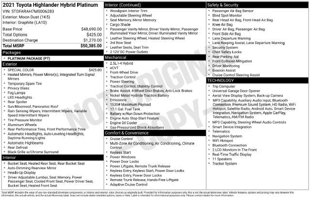 2021 Toyota Highlander Hybrid Platinum