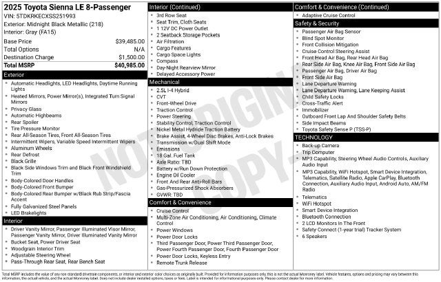 2025 Toyota Sienna LE 8 Passenger