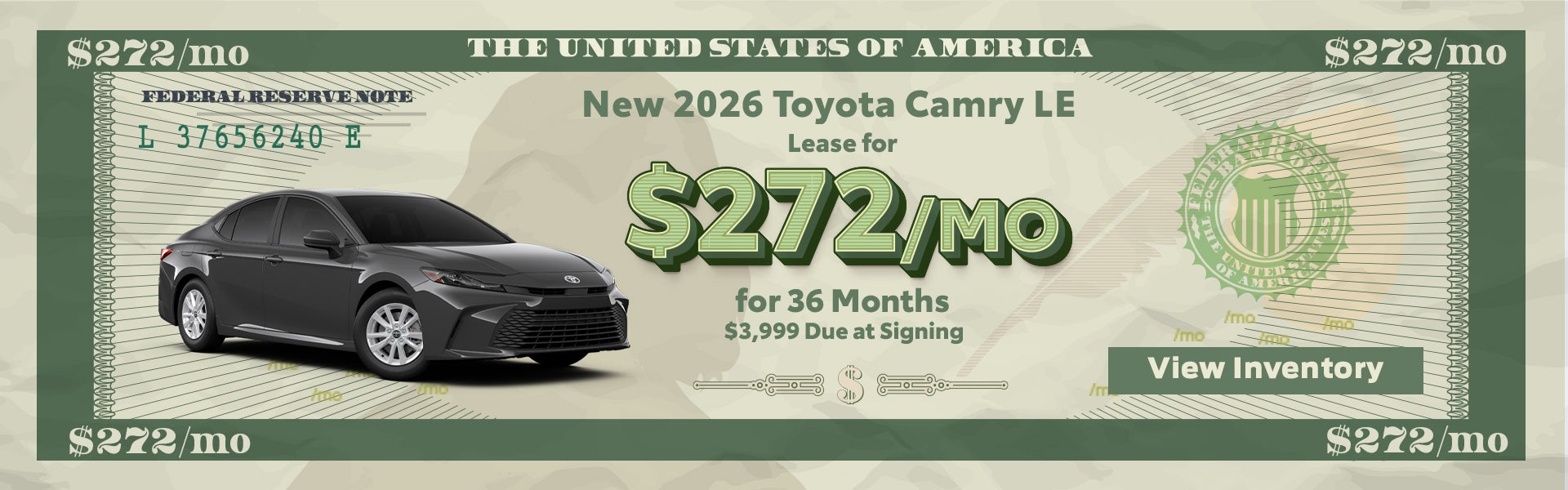 Lease a new 2026 Toyota Camry LE for only $272 per month