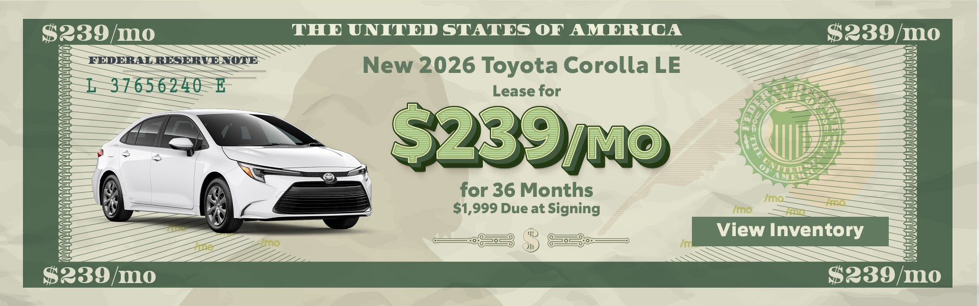 Lease a new 2026 Toyota Corolla LE for only $239 per month