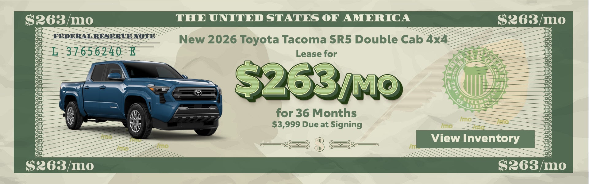 Lease a new 2026 Toyota Tacoma SR5 Double Cab for only $263 