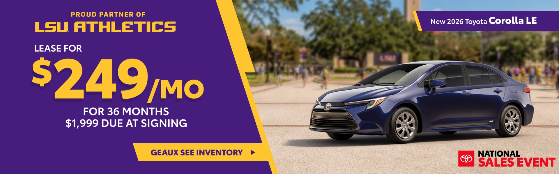 Lease a new 2026 Toyota Corolla LE for only $249 per month