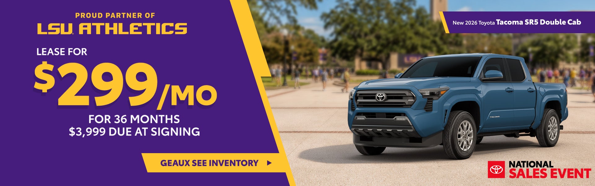 Lease a new 2026 Toyota Tacoma SR5 Double Cab for only $299 