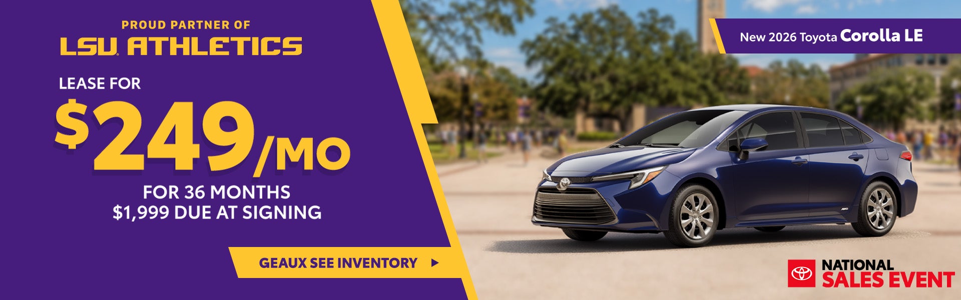 Lease a new 2026 Toyota Corolla LE for only $249 per month