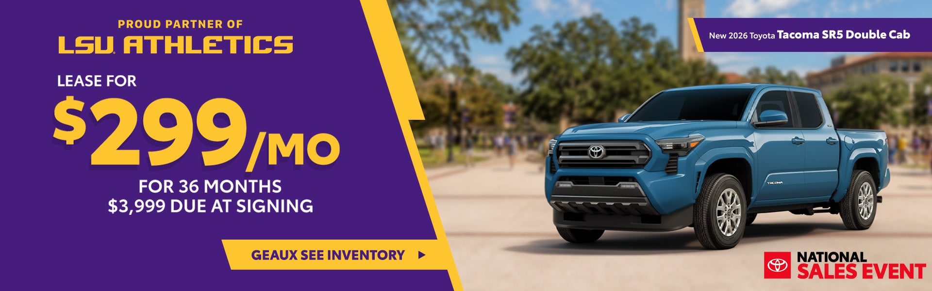 Lease a new 2026 Toyota Tacoma SR5 Double Cab for only $299 